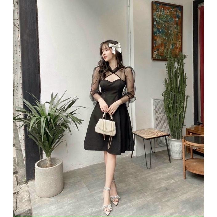 Đầm Đen Xoè Tay Phồng Váy Đen Dáng Xoè Hở Ngực Siu Xinhh