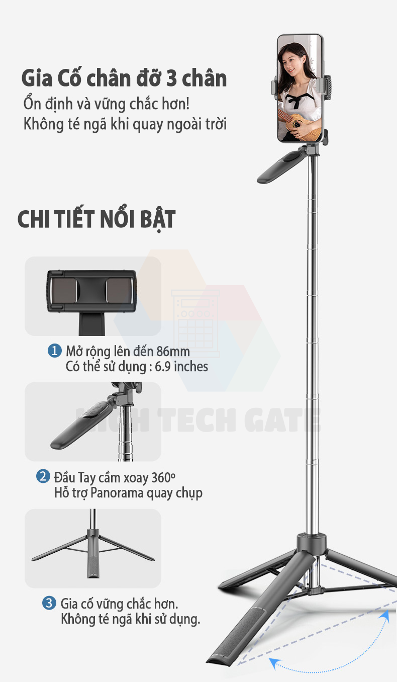 Gậy Chụp Hình Tay Cầm Chống Rung HighTechGate A36 Xoay 360º Chụp Toàn Cảnh, Điều Khiển Bluetooth Sử Dụng Được APP Tiện Lợi, Mở Rộng 160cm, Thu Gọn Cầm Tay Du Lịch 30cm, Hàng Chính Hãng