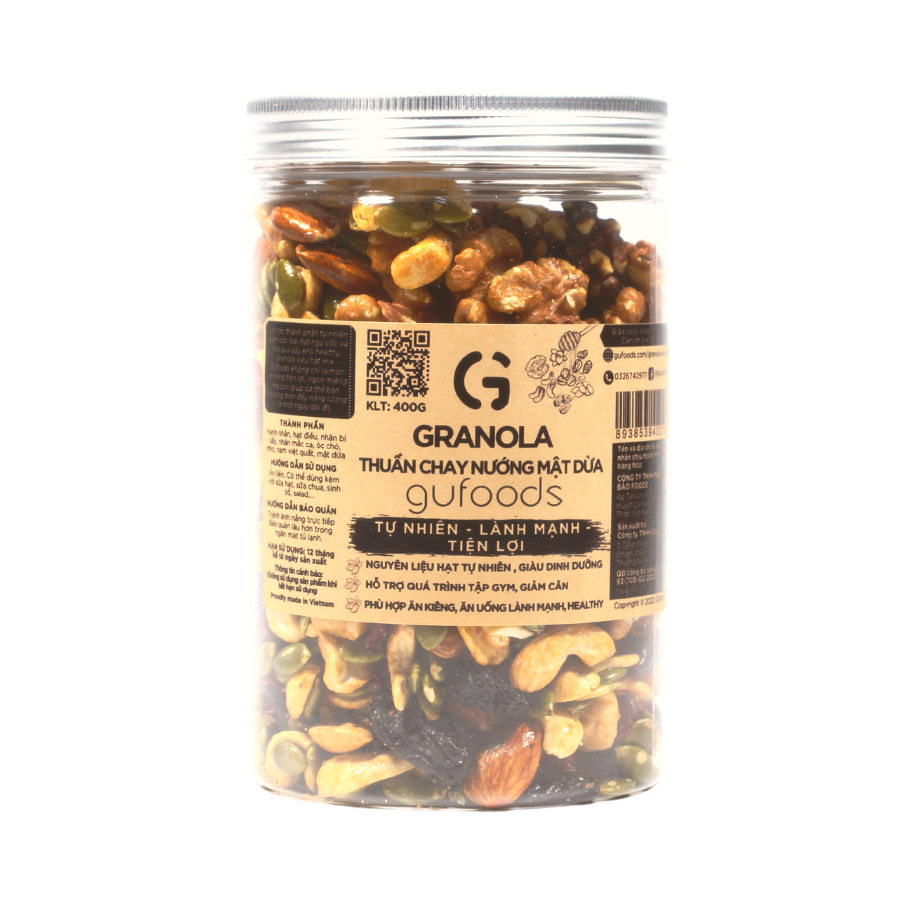 Granola thuần chay nướng mật dừa nước GUfoods (0% yến mạch; Mix siêu hạt mắc ca, nam việt quất, hạnh nhân, hạt điều, nho khô) - Dinh dưỡng, Tiện lợi, Thơm ngon, Giàu lợi ích sức khỏe