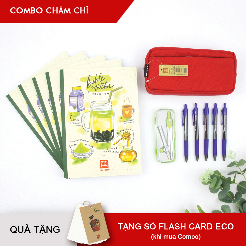 Combo Trung học &quot;Chăm chỉ&quot; - 5 Vở kẻ ngang Hồng Hà 120tr, Compa, Bút semi gel &amp; Túi bút - Tặng sổ Flashcard Eco (giao màu ngẫu nhiên)