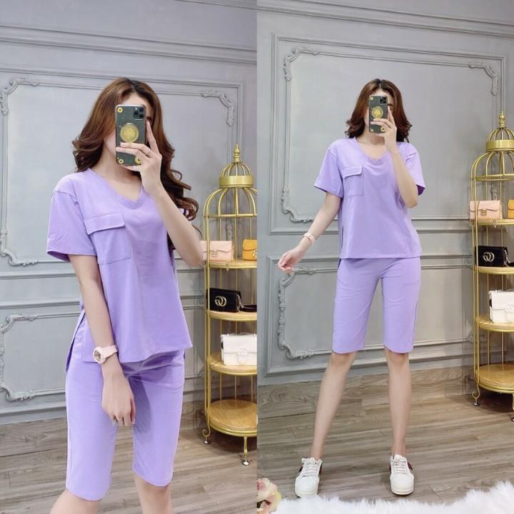 Bộ Đồ Nữ Thun Cotton Cao Cấp Quần Lửng Áo Cổ Tim Ngắn Tay Xẻ Tà Cá Tính Mẫu Mới 2020