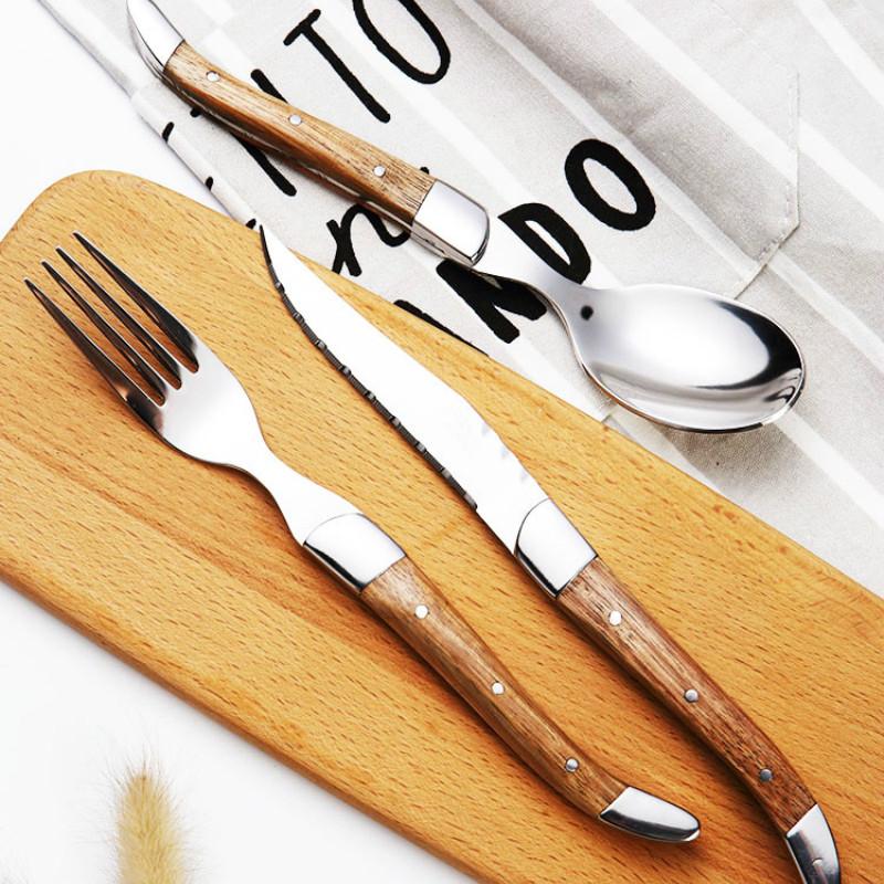 Thép Không Gỉ 304 Bữa Tối Bộ Muỗng Nĩa Dao Vàng Gỗ Tếch Tay Cầm Bằng Gỗ Bộ Đồ Ăn Sinh Thái Thân Thiện Phẳng Bằng Bộ Dao Kéo Nhà Bếp