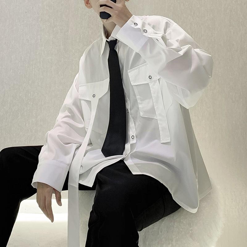 Áo sơ mi dáng rộng tay dài phối 2 túi phong cách hip hop cho nam
