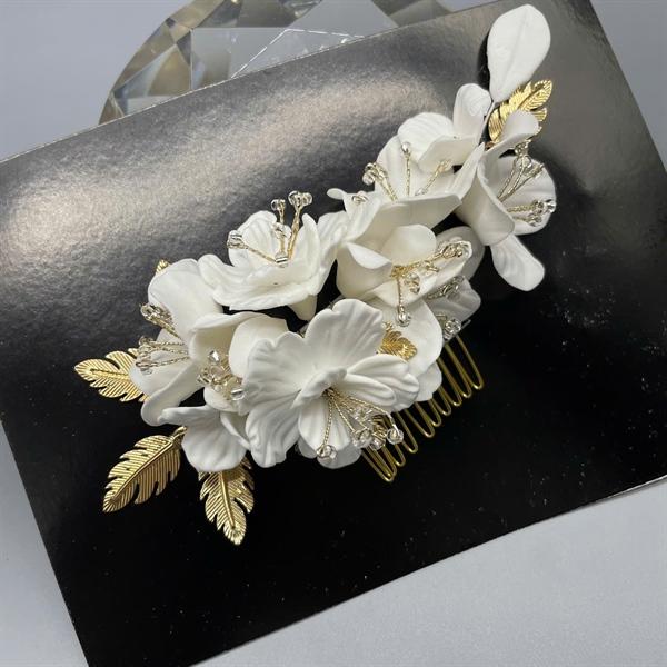 Cài tóc cô dâu hoa đất sét trắng có sẵn xược cài mã 002 - 15cm