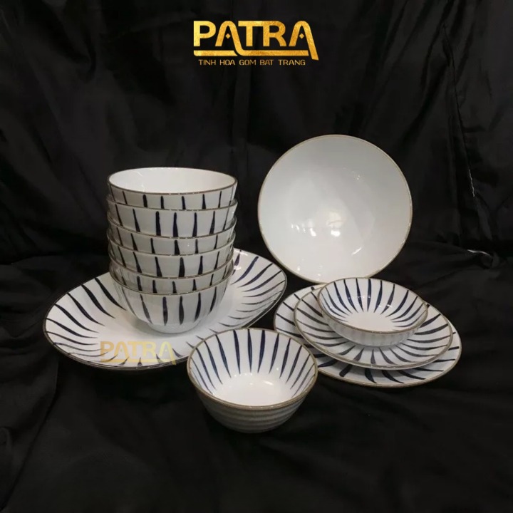 Bộ bát đĩa sứ Bát Tràng, bộ chén dĩa họa tiết lá trúc dài cao cấp 12 chi tiết, có bán các món lẻ