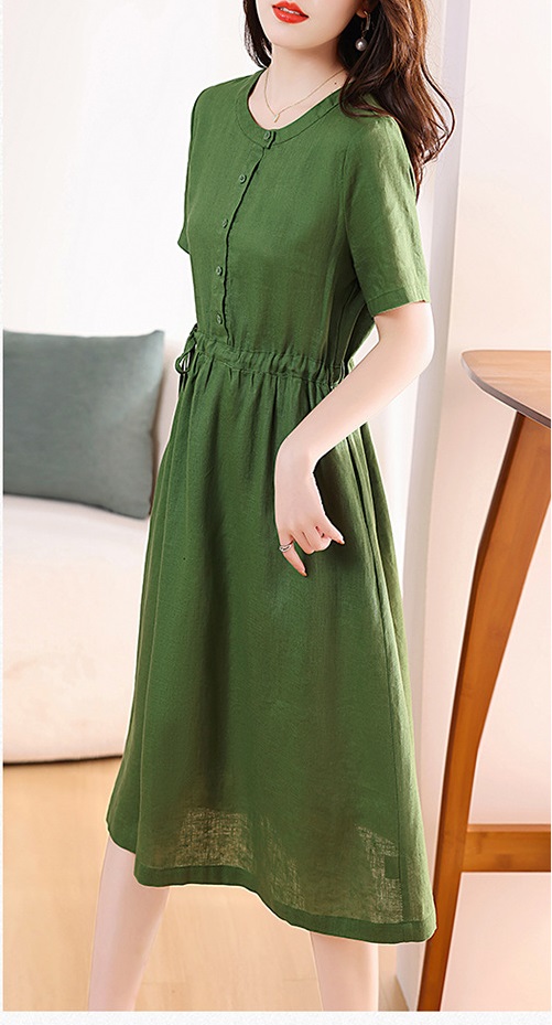Đầm suông linen thắt eo thời trang màu trendy cổ tàu