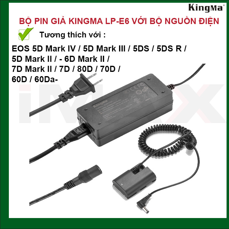 BỘ PIN GIẢ KINGMA LP-E6 VỚI BỘ CHUYỂN ĐỔI NGUỒN ĐIỆN EU PLUG POWER ADAPTER - HÀNG CHÍNH HÃNG