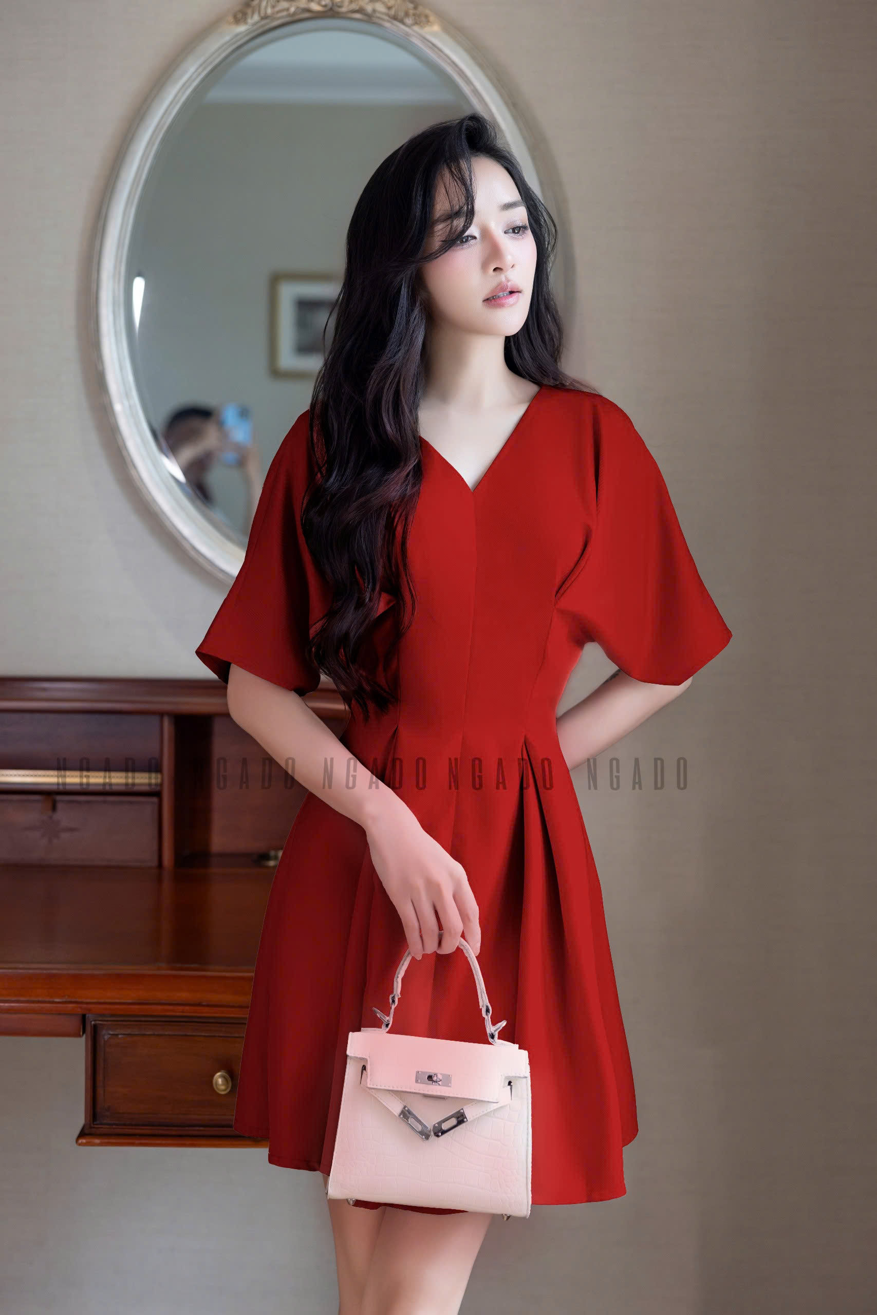 Đầm đỏ cổ V eo xếp ly NGADO , đầm kiểu Nữ , đầm công sở , dự tiệc