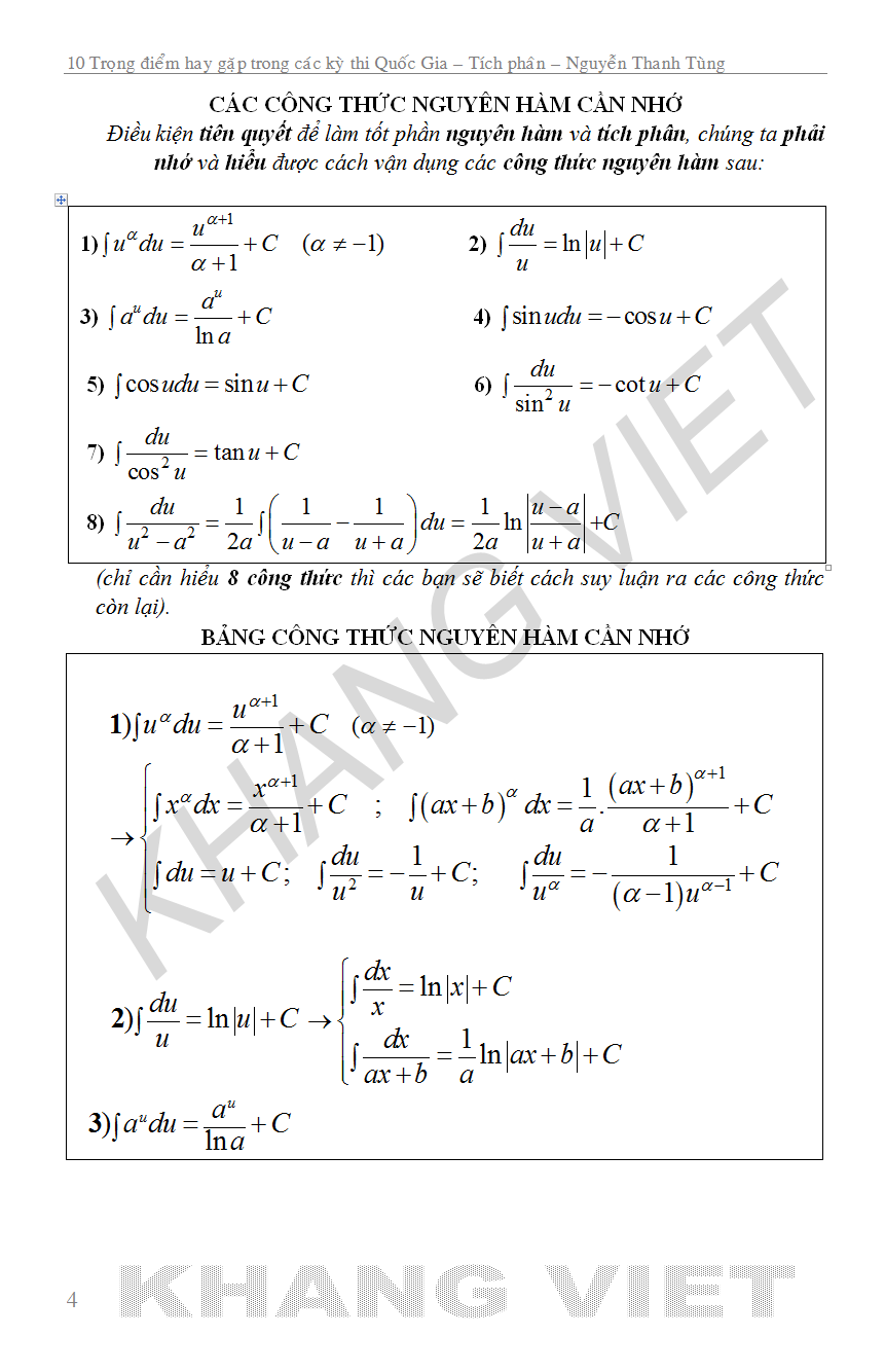 10 TRỌNG ĐIỂM HAY GẶP TRONG CÁC KỲ THI QUỐC GIA TÍCH PHÂN - TOÁN TỰ LUẬN_KV