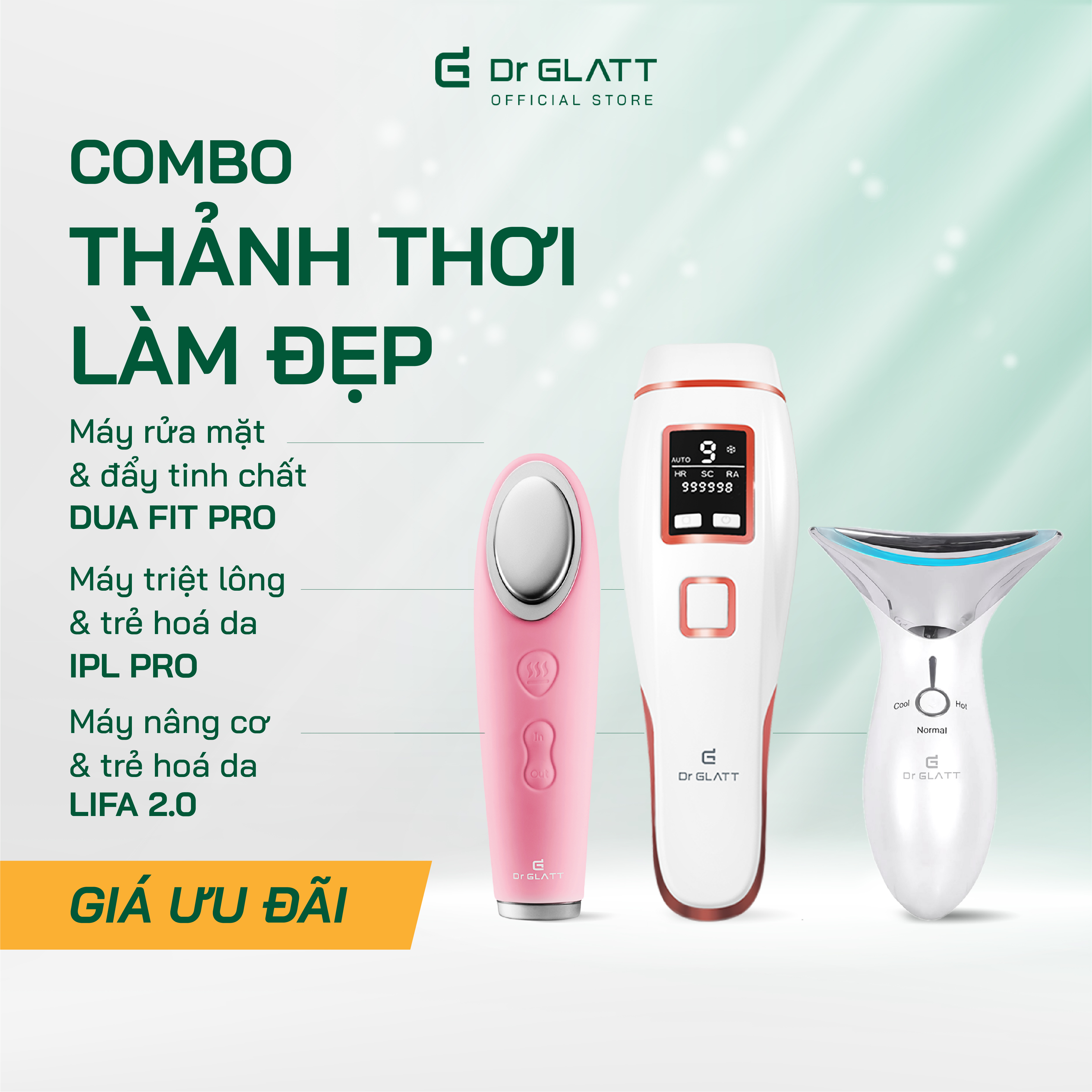 Set máy dưỡng da đa năng - máy triệt lông mini &amp; trị mụn, máy rửa mặt &amp; tẩy trang, máy massage mặt &amp; nâng cơ DR GLATT