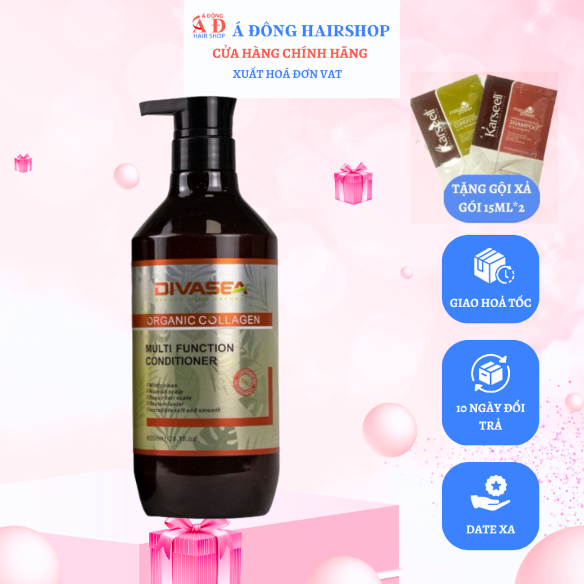 Dầu gội xả hữu cơ Divasea Oganic Collagen phục hồi mềm mượt giảm gãy rụng 800ml + Gội xả gói Karseell 15ml