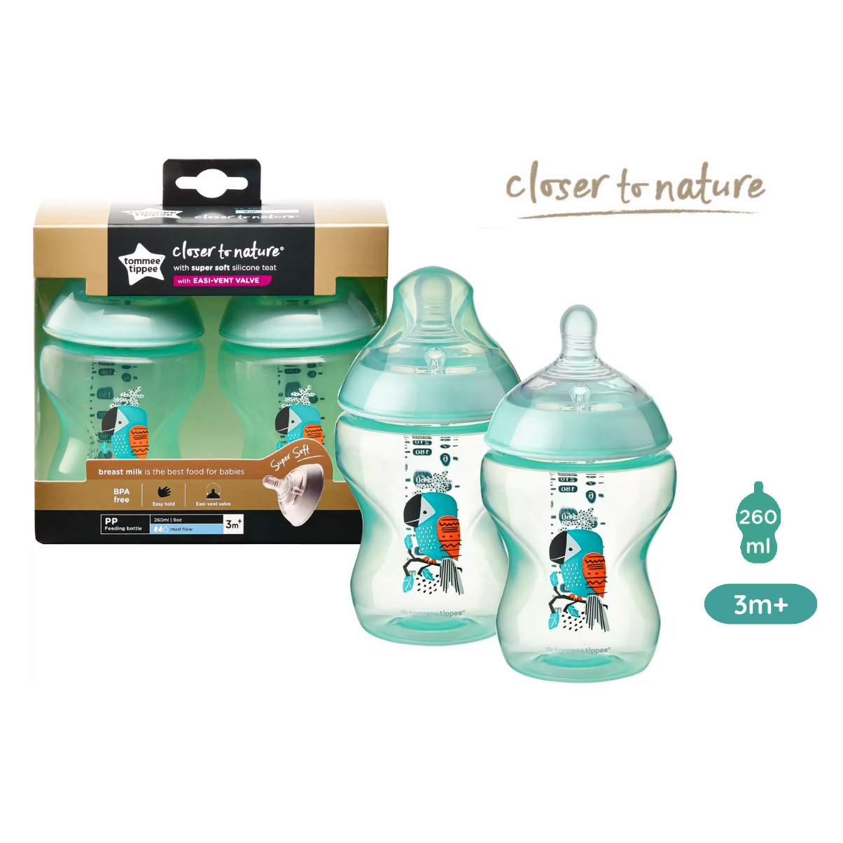 Bình Sữa Ty Siêu Mềm Tự Nhiên Tommee Tippee Closer To Nature 260ml, Núm Ty Đi Kèm 3-6 Tháng – Xanh Ngọc (Bình Đôi)