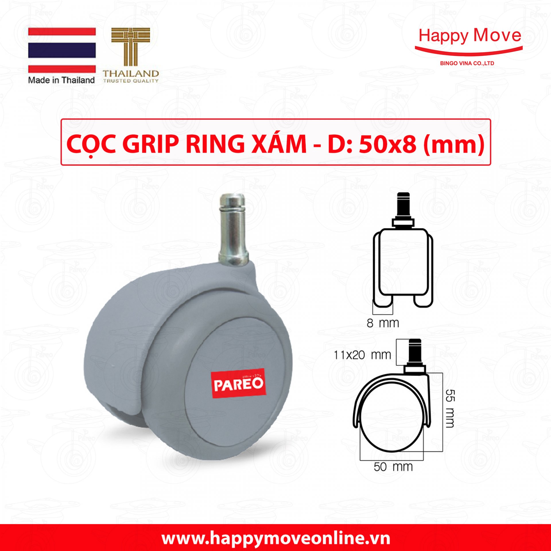Bộ 5 bánh xe ghế xoay văn phòng Happy Move Thailand - Cọc grip ring