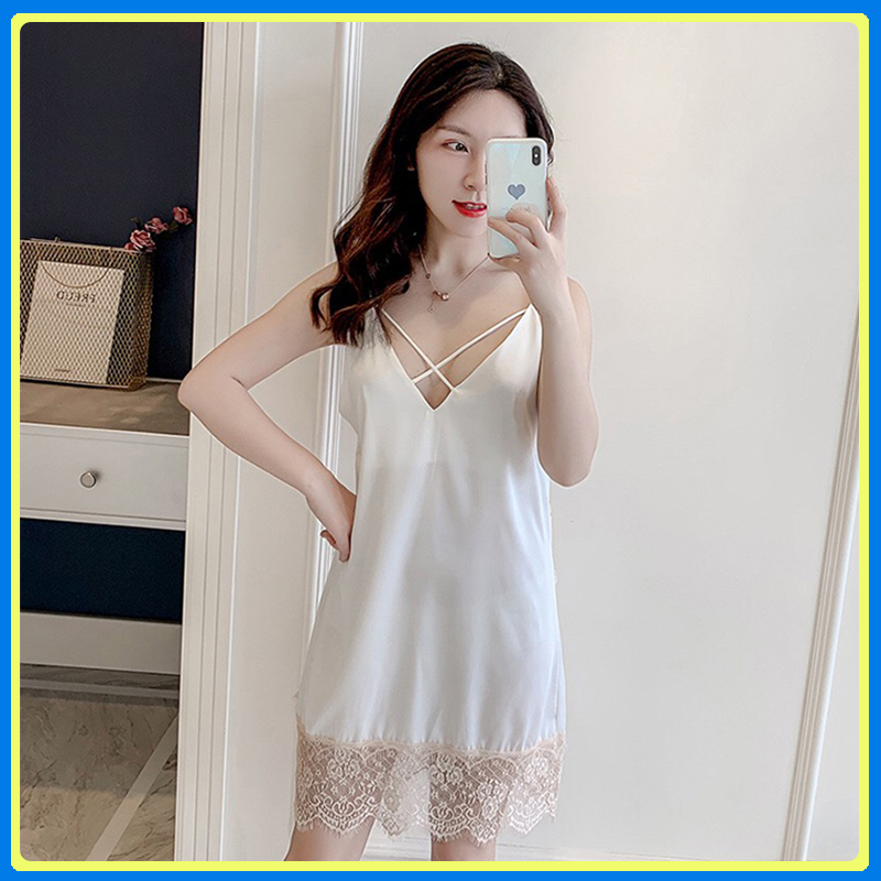 Váy ngủ lụa hai dây hở lưng đan chéo bầu ngực ren sexy Q72 - Đầm ngủ nữ đan chéo ngực gợi cảm - Đầm ngủ