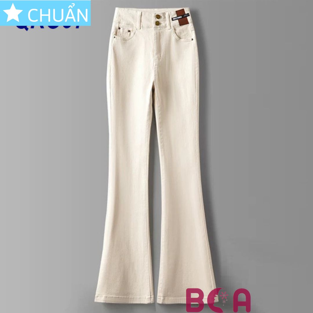 Quần jean nữ ống loe QRO97 ROSATA tại BCASHOP dáng dài thêu hoa, lưng cao 2 nút, phom chuẩn, chất liệu jean - MÀU KEM