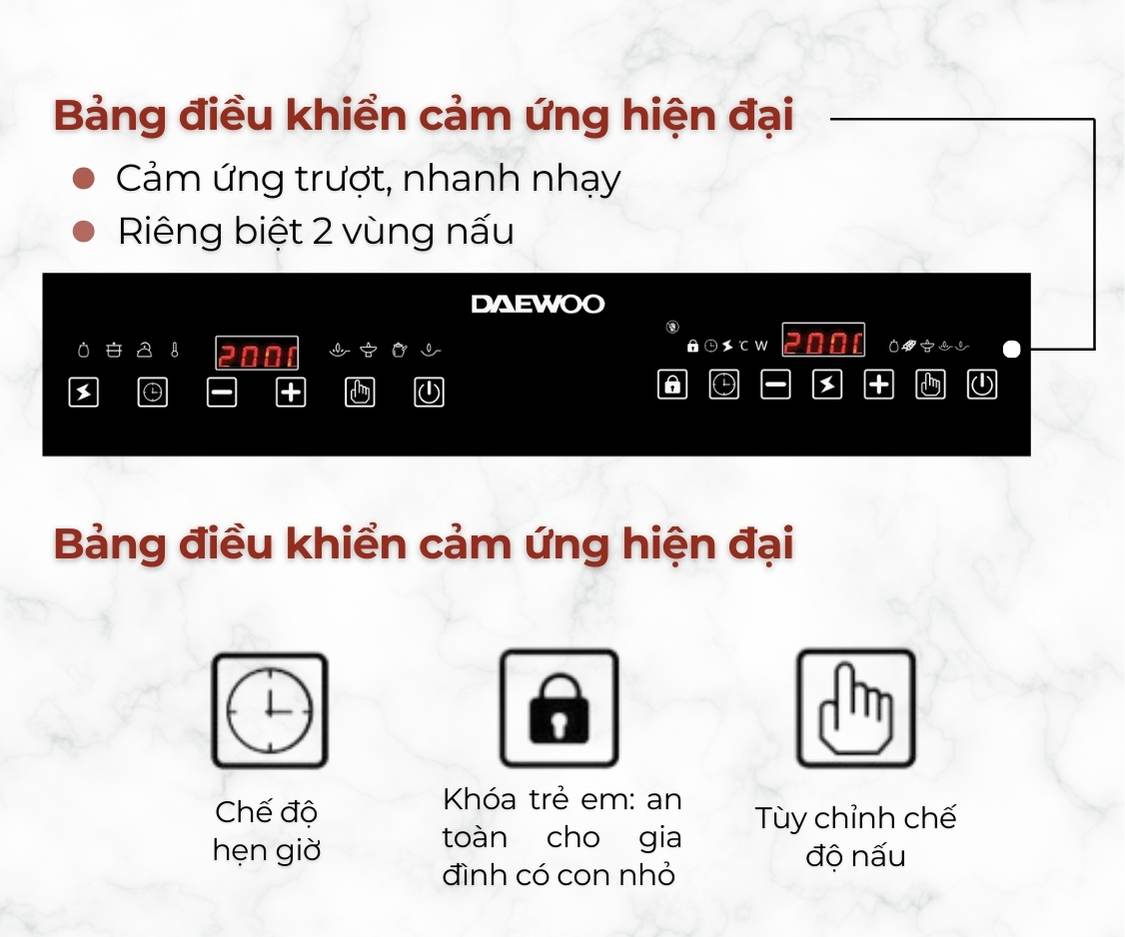 Bếp Đôi Điện Từ Hồng Ngoại Daewoo DWHB-3801C, mặt kính pha lê bóng 3800W, phù hợp mọi loại nồi - Hàng chính hãng