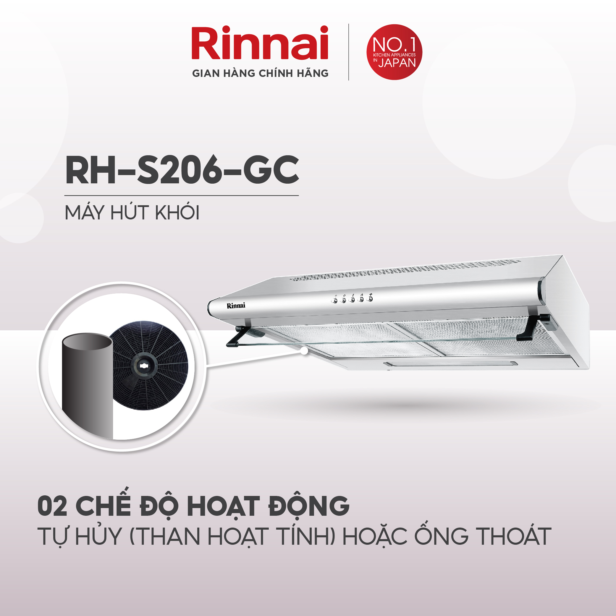 Máy hút mùi Rinnai RH-S206-GC than hoạt tính và ống thoát 250W - Hàng chính hãng.