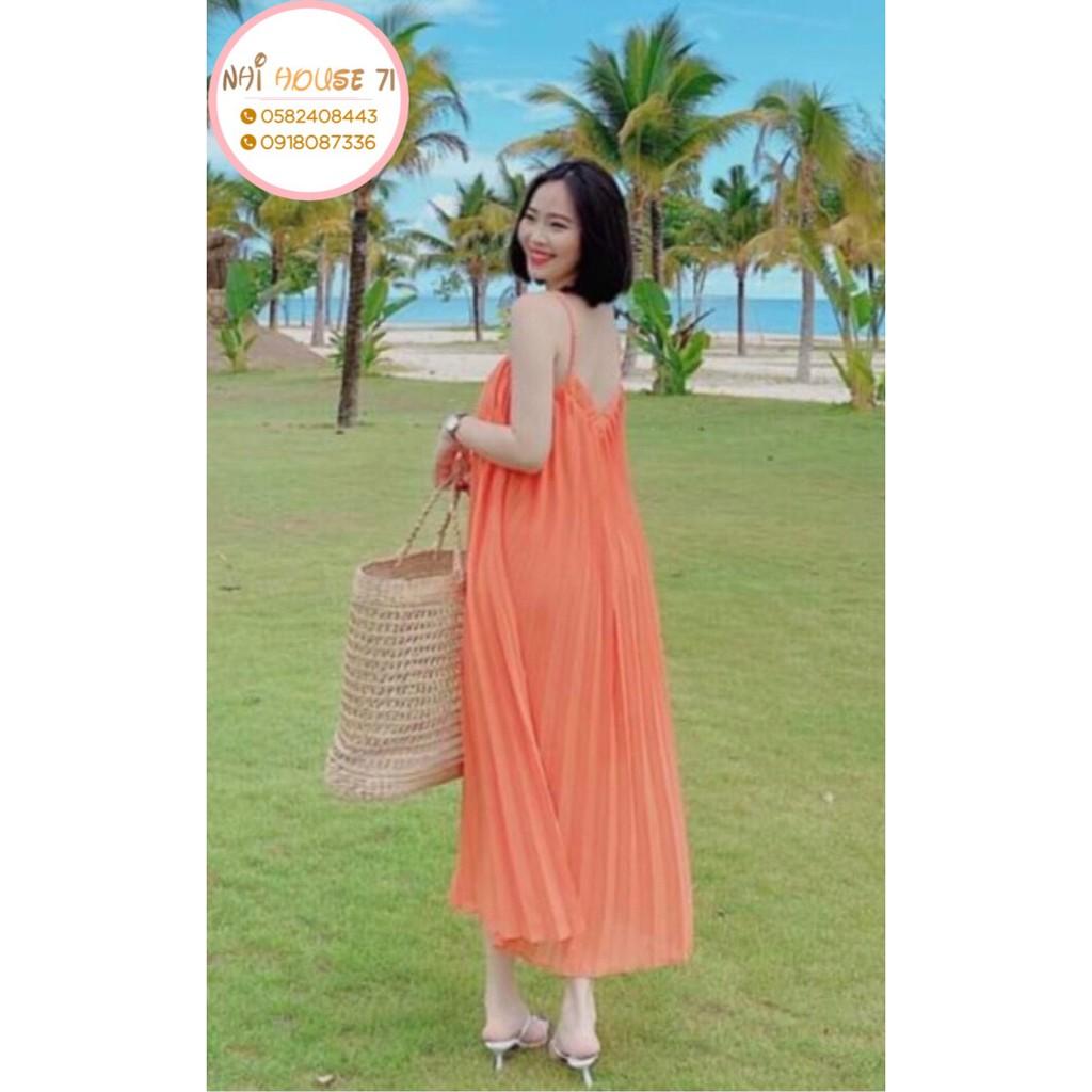 Đầm Maxi Hai Dây Dập Li Rẻ Quạt Vải Chiffon NHIHOUSE71 Freesize Dưới 60kg