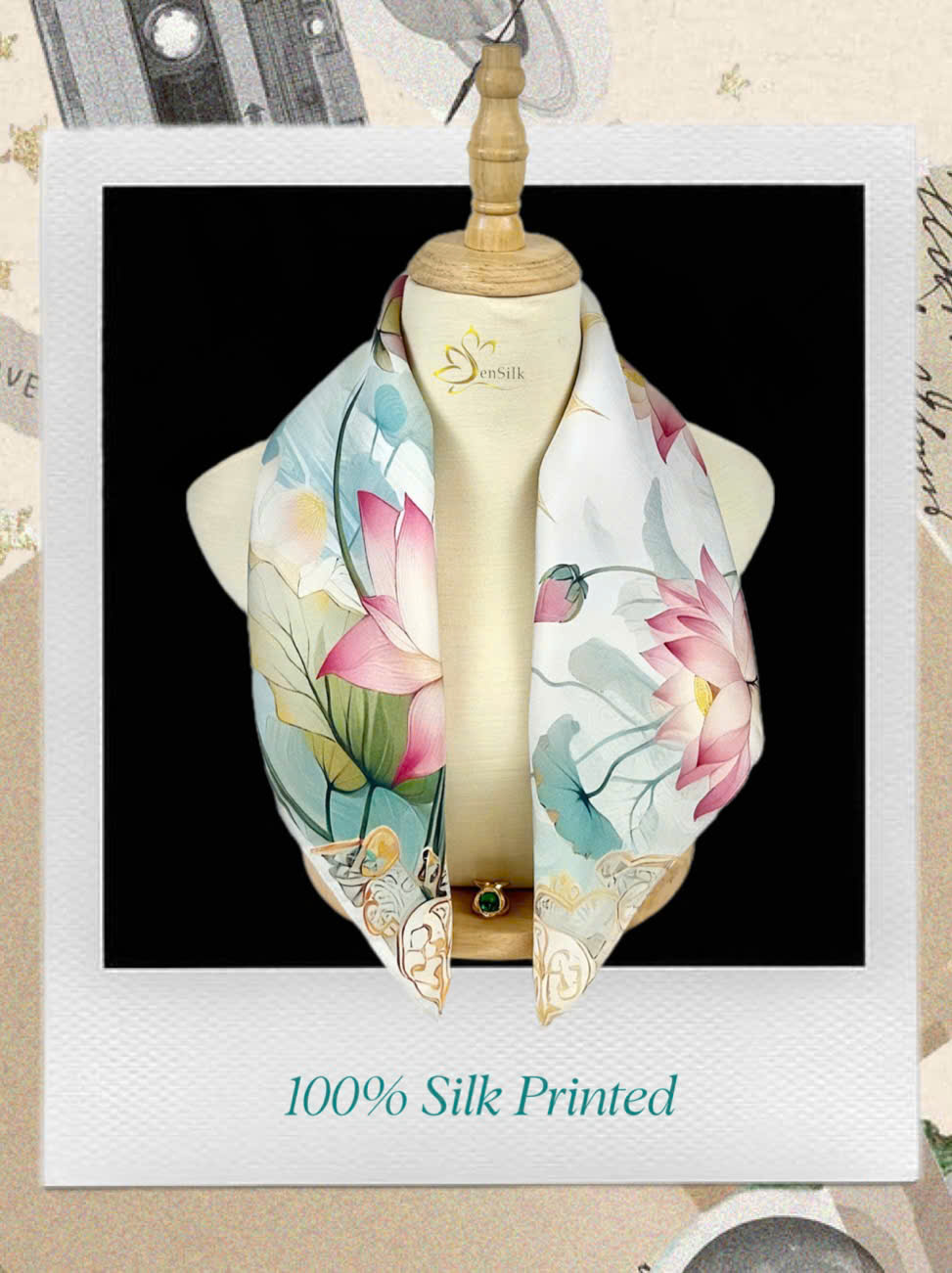 Khăn Lụa in Độc Bản Sen Mặt Trời 65x65cm - Mulberry Silk Gift - Square Towel 65x65 - Quà Tặng Lụa Cao Cấp