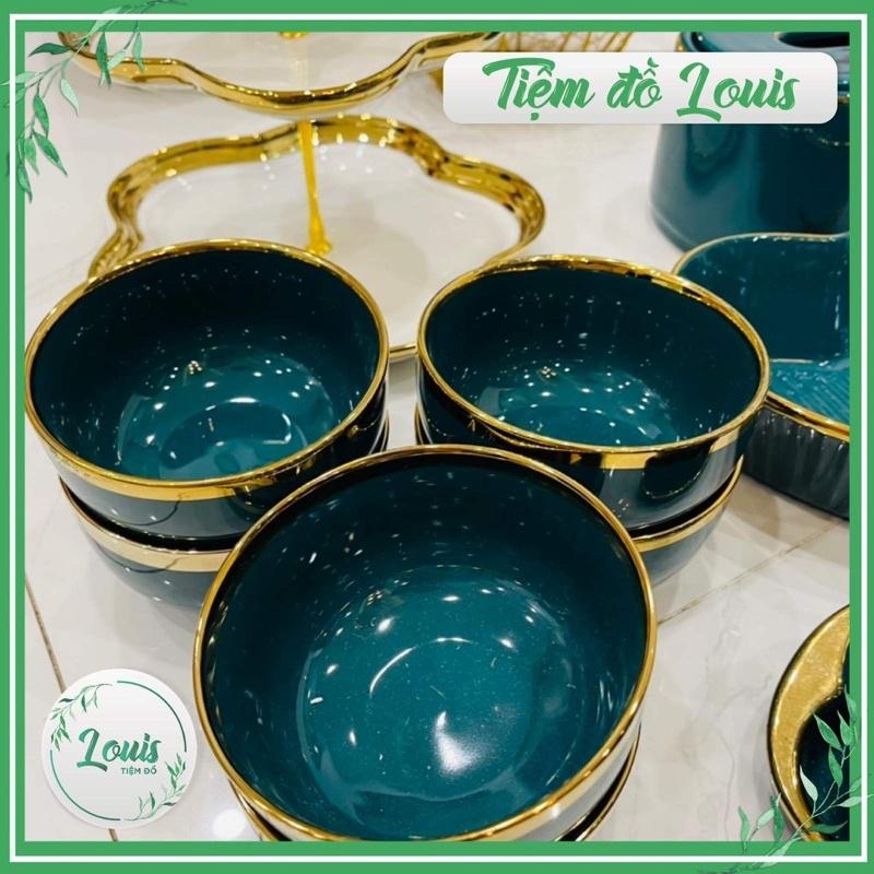 Bát cơm Chén sứ ăn cơm xanh viền vàng cao cấp bản to bộ 6 bát decor phong cách Bắc Âu