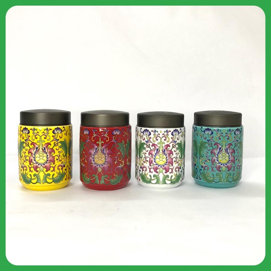 Hộp Đựng Trà Thái Nguyên SƯƠNG MAI Hũ Đựng Chè Chất Liệu Gốm Sứ Pháp Lam Trang Họa Tiết Nhã Dung Tích Dung Tích 500 ML