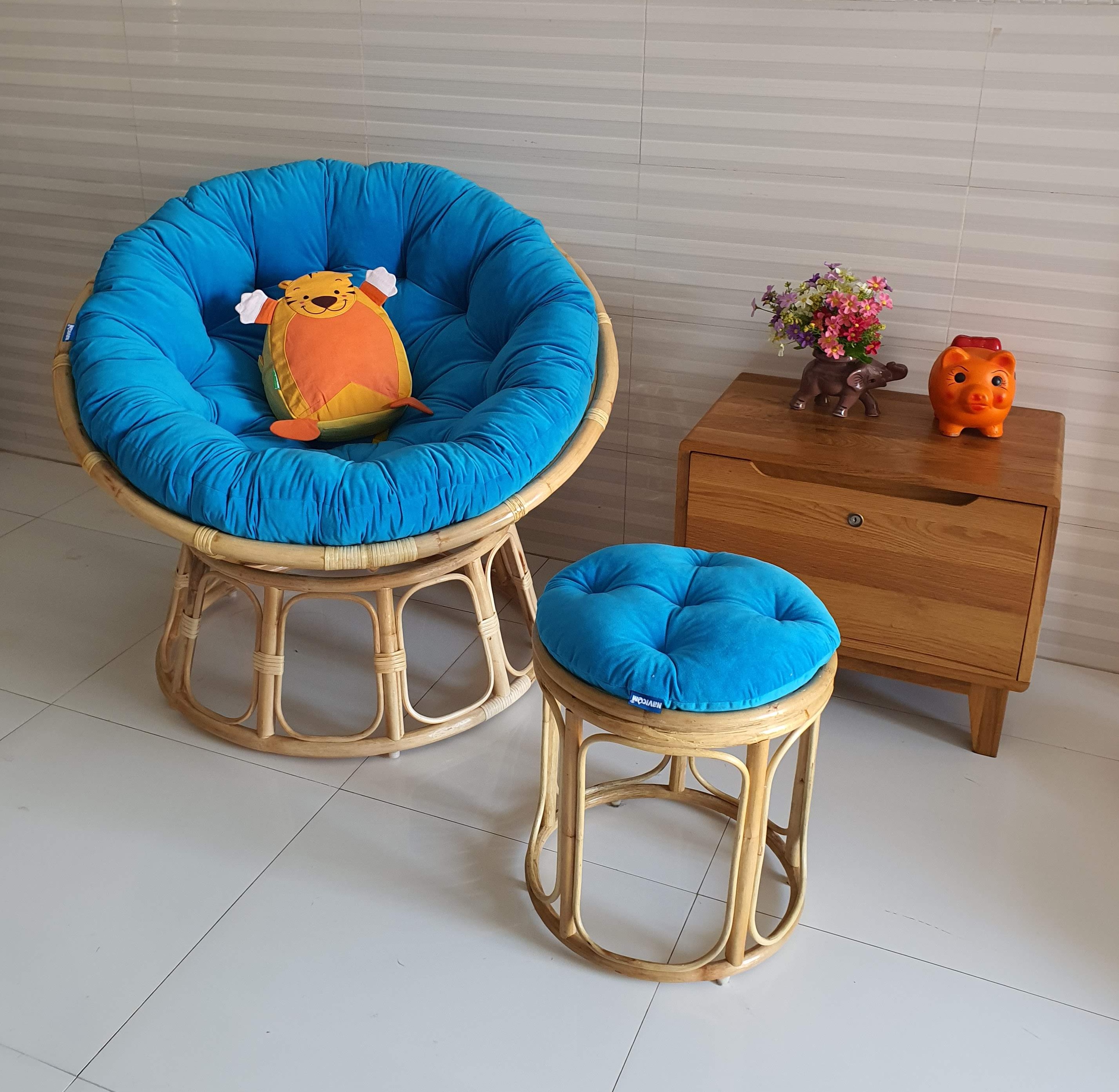 Bộ ghế thư giãn papasan + đôn nhỏ ( vải nhung cao cấp xanh biển)