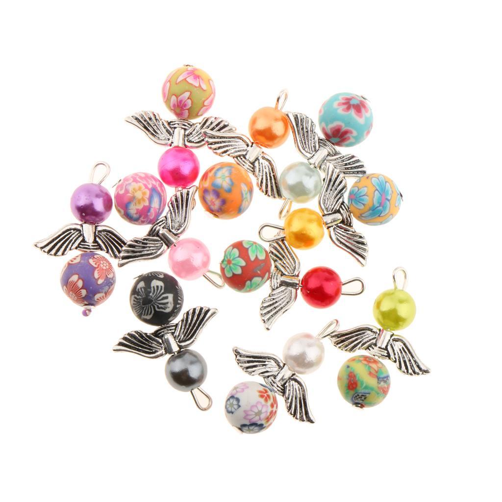 20 Pieces Colored Pearl Charms Angel Wings Polymer Clay Round Bead Metal Charms For DIY Pendant Necklace Bracelet Jewelry Making Crafts