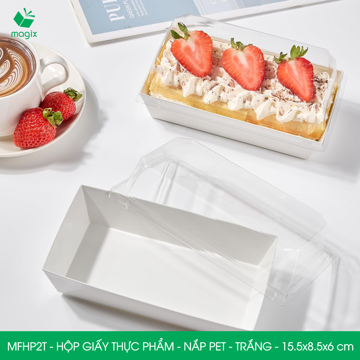 MFHP2T - 15.5x8.5x6 cm - 25 hộp giấy thực phẩm màu trắng nắp Pet, hộp giấy chữ nhật đựng thức ăn, hộp bánh nắp trong