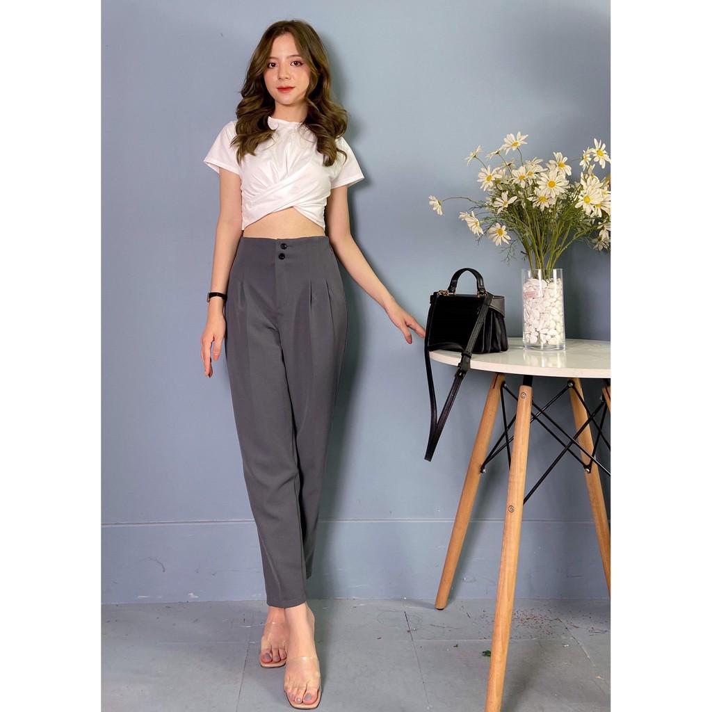 Quần baggy nữ cạp xếp ly ️HÀNG ĐẸP ️ Quần vải công sở ống bo vừa, thiết kế cạp cao 2 khuy