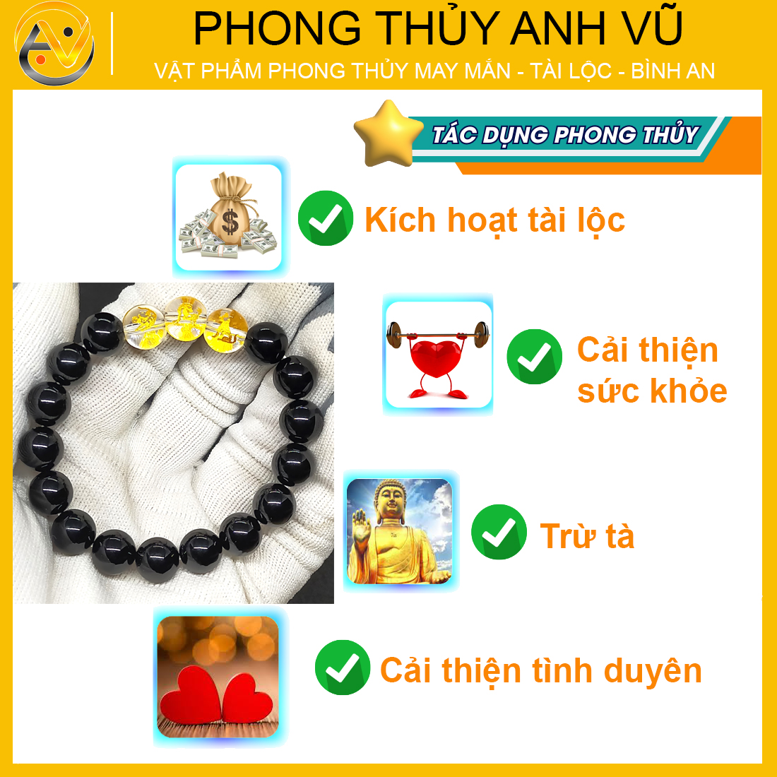 Vòng tay mã não đen tam hợp dần ngọ tuất - size 8 10 12ly cho người mệnh thủy, mệnh mộc - có khai quang điểm nhãn may mắn tài lộc - bảo hành 12 tháng - PHONG THỦY ANH VŨ