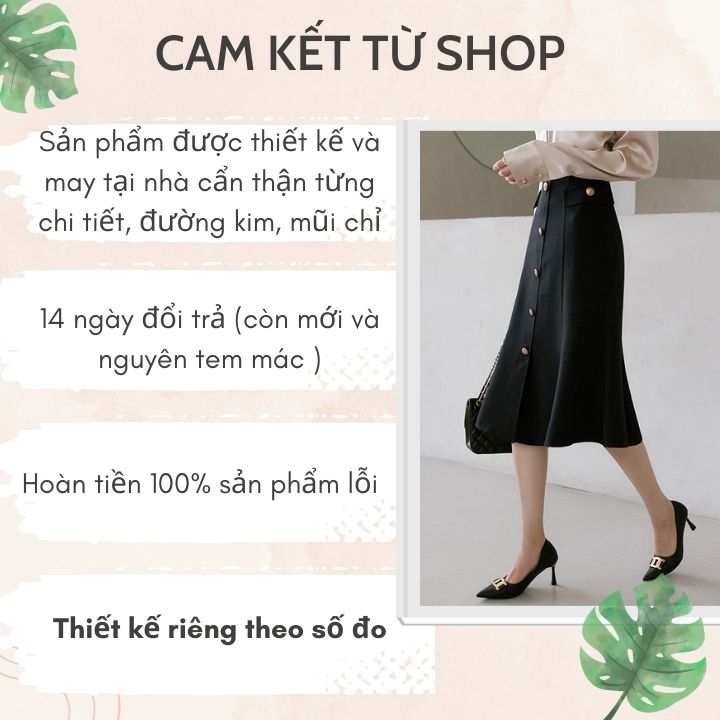Chân Váy Công Sở New Design ,Thiết Kế Dáng Váy Chữ A Dài Qua Gối, Che Khuyết Điểm Phối Nút Kiểu Nữ, Vải Tốt Co Giãn Màu Đen CV0084