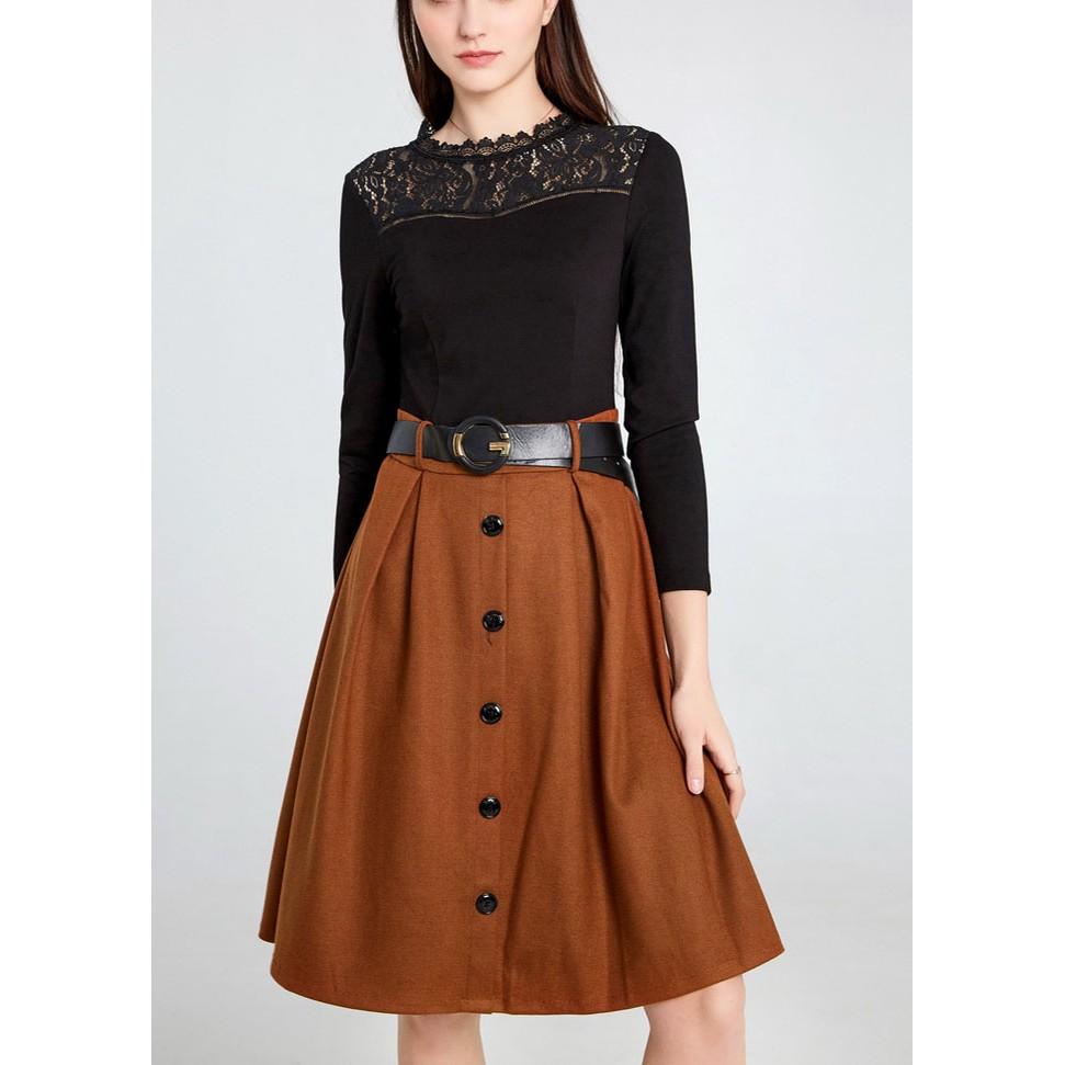 Đầm xòe mùa thu cổ ren kèm belt, chất liệu thun cotton kết hợp nhung dày dặn, hàng nhập Quảng Châu