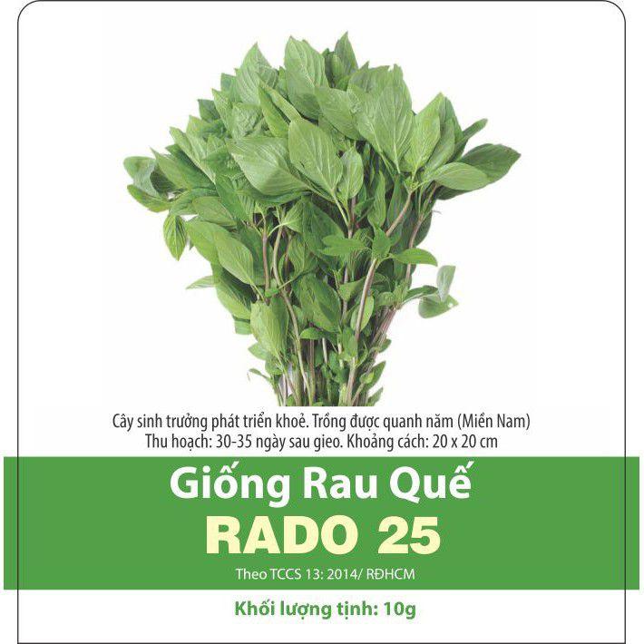 Hạt Giống Rau Húng Quế Rado 25 gói 10gr - Rạng Đông Thân màu tím, lá màu xanh mướt, có mùi thơm dễ chịu. Trồng quanh năm