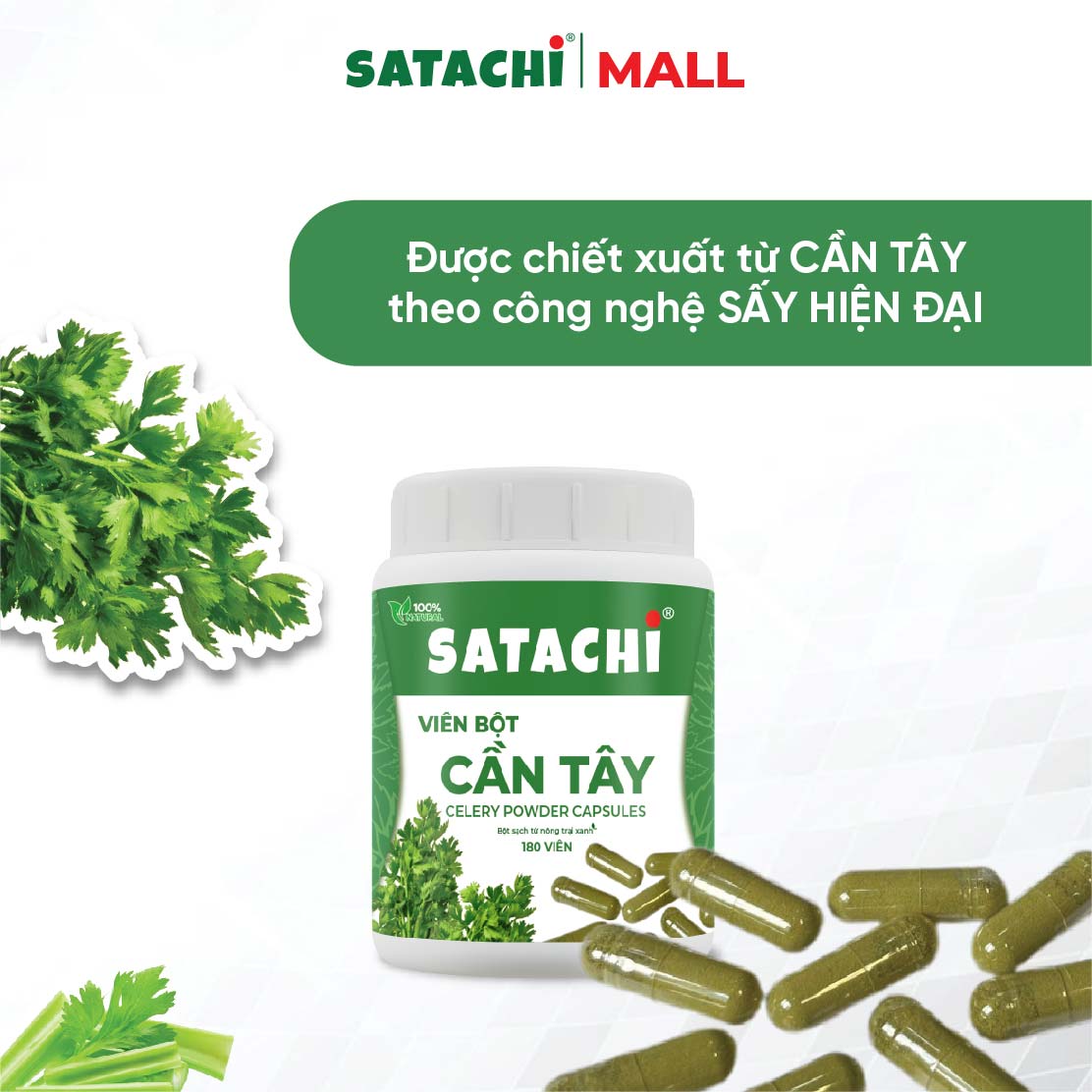 Viên Bột Cần Tây Nguyên Chất SATACHI – 100% Lá Cần Tây – Dạng Viên Tiện Lợi – Hộp 180 viên
