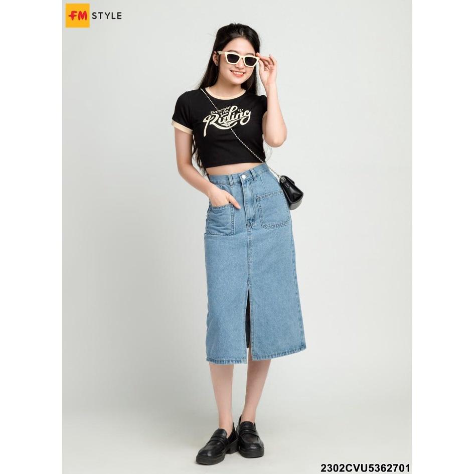 Chân váy jean nữ Fm Style kiểu dáng Midi Jean lưng cao dáng thiết kế xẻ trước thời trang Hàn Quốc 23020818