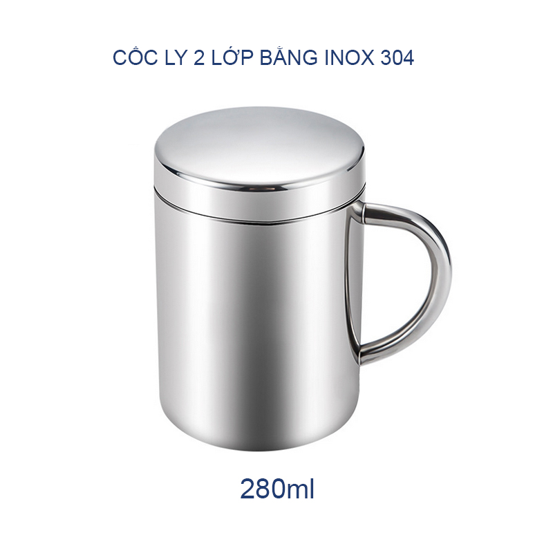 Cốc bằng inox 304 loại 2 lớp chống nóng 280ml, có nắp đạy