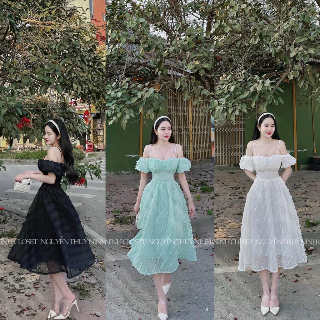 Váy đầm nữ midi dáng xòe trễ vai hai dây tay bồng cúp ngực xinh xắn