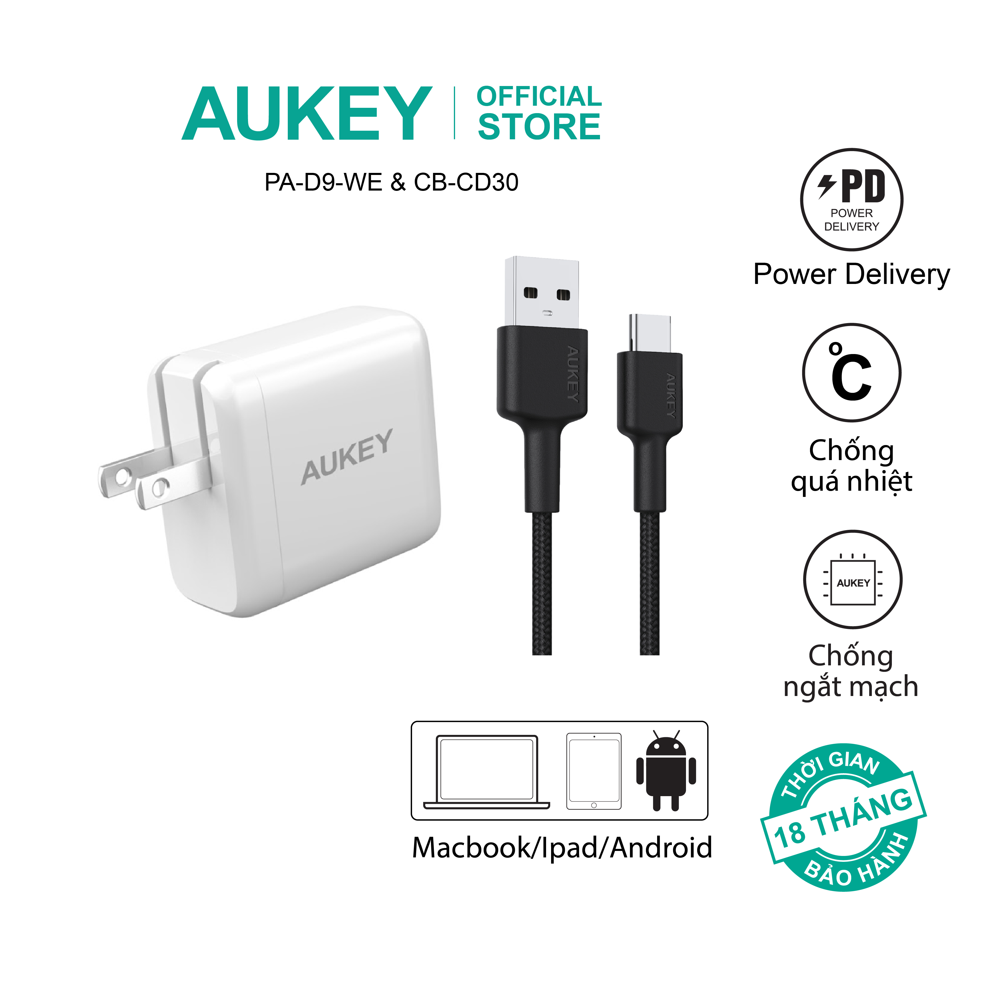 Combo bộ sạc Aukey cho Macbook, ipad, thiết bị Android củ sạc PA-D9 65W và cáp sạc CB-CD30 hàng chính hãng