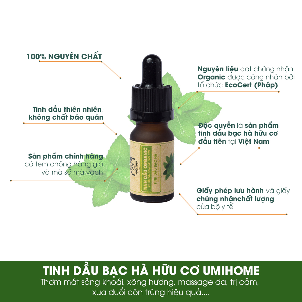 Tinh Dầu Bạc Hà Nguyên Chất (10ml) UMIHOME - Dùng cho xông tắm thơm mát sảng khoái, xua đuổi côn trùng hiệu quả