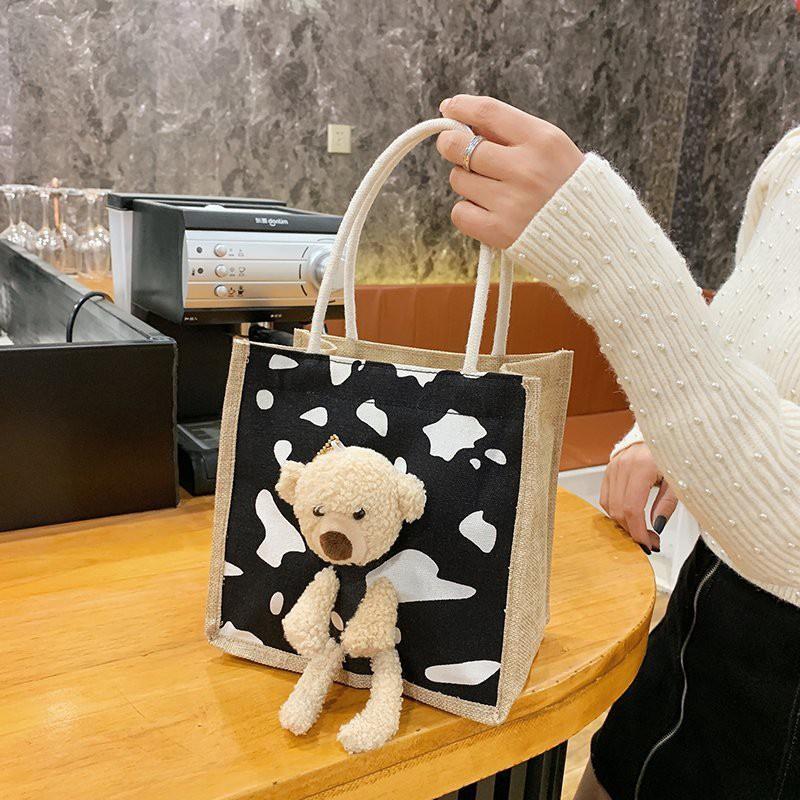 Túi cói vải mini hình gấu teddy siêu xinh, túi xách tote canvas mẫu bear