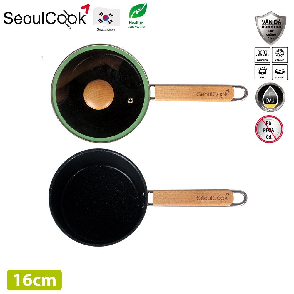 Seoulcook Luxury – Nồi quánh 16cm đáy từ / Induction cao cấp Hàn Quốc, chống dính vân đá an toàn cho sức khỏe, dùng được tất cả các loại bếp