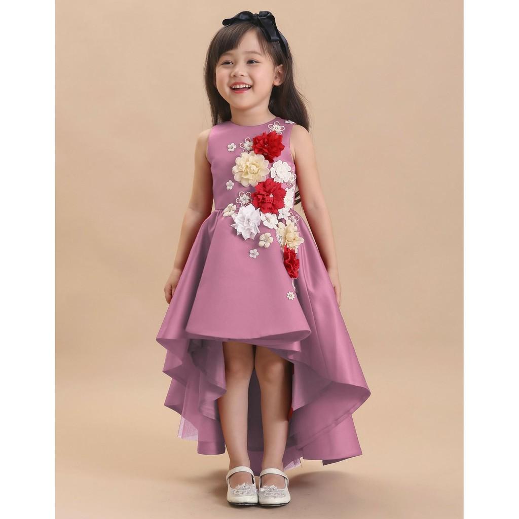 Đầm đuôi tôm đính hoa nổi cao cấp - màu hồng