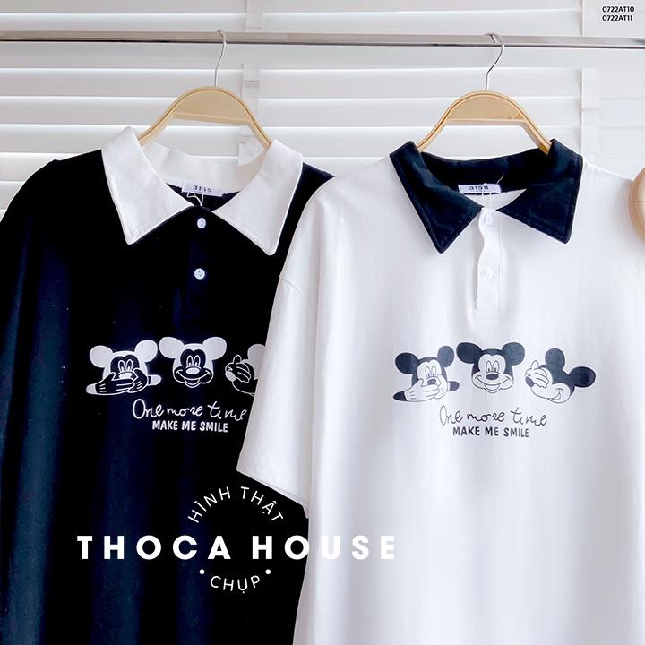 Áo thun polo phông rộng unisex in hình mickey THOCA HOUSE trắng, đen mặc đi làm, đi học