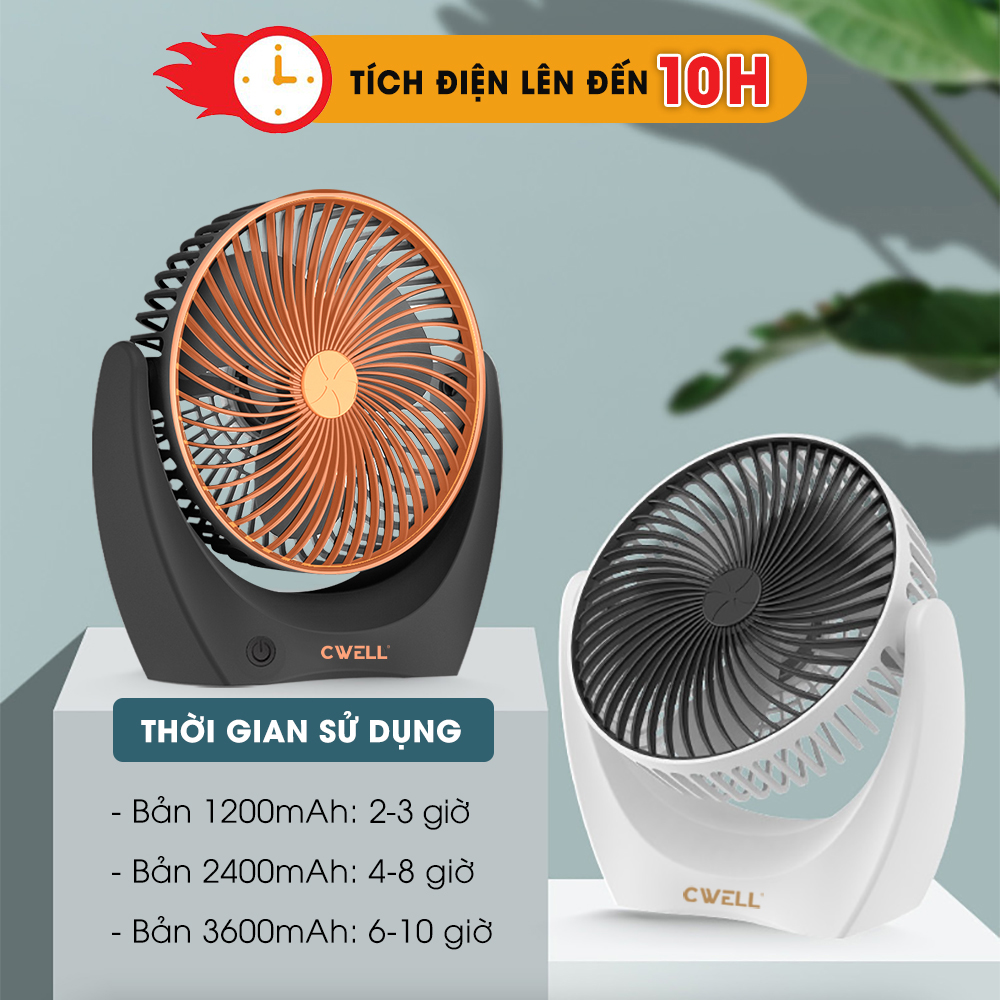 Quạt mini để bàn, quạt tích điện, quạt cầm tay chính hãng CWELL, động cơ không tiếng ồn, xoay 210 độ, pin khủng, bản mới