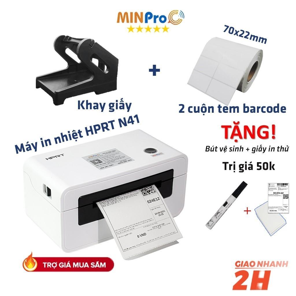 Máy in nhiệt chuyên dụng HPRT N41 in đơn hàng TMĐT kèm khay và 2 cuộn 2 tem 70*22mm Tặng Bút vệ sinh máy in