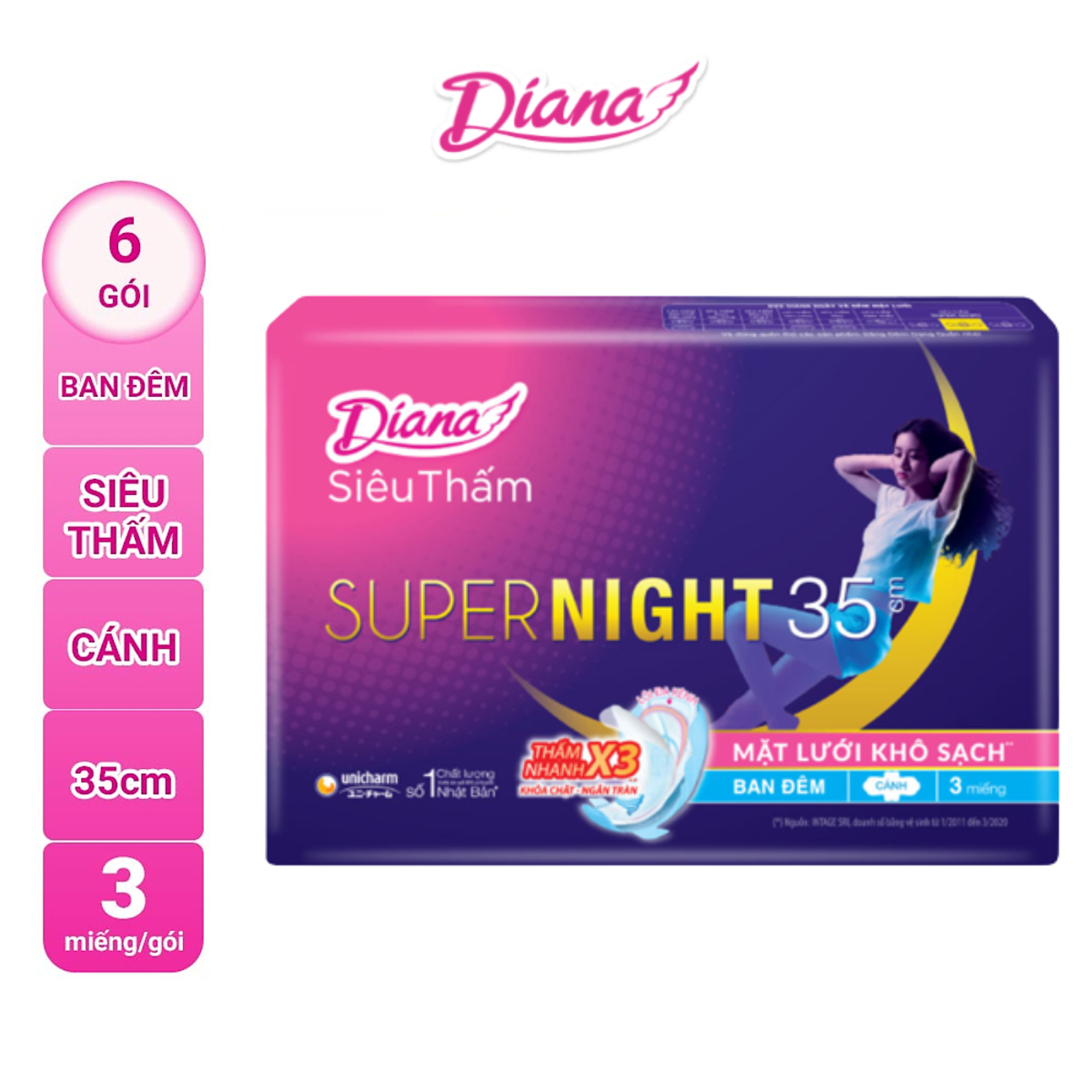 Combo 6 Băng Vệ Sinh Diana Super Night 35cm (Gói 3 Miếng)