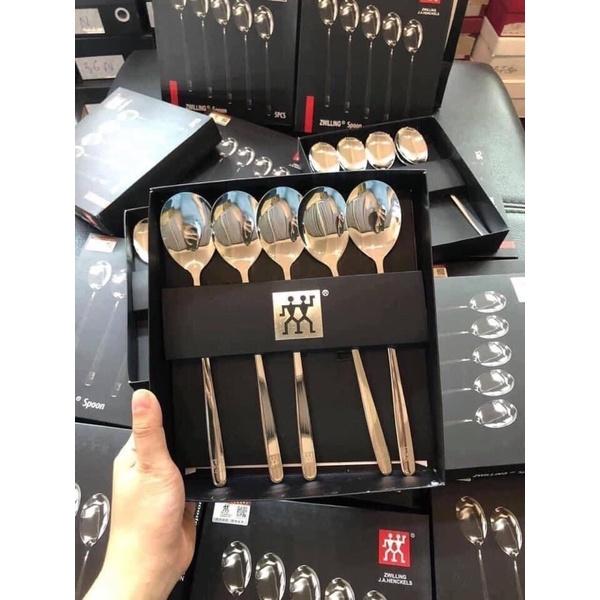 Set 5 thìa inox 304 nội địa Đức sang trọng kèm vỏ hộp cao cấp - Bộ 5 muỗng inox Zwlling siêu to hàng xuất Đức