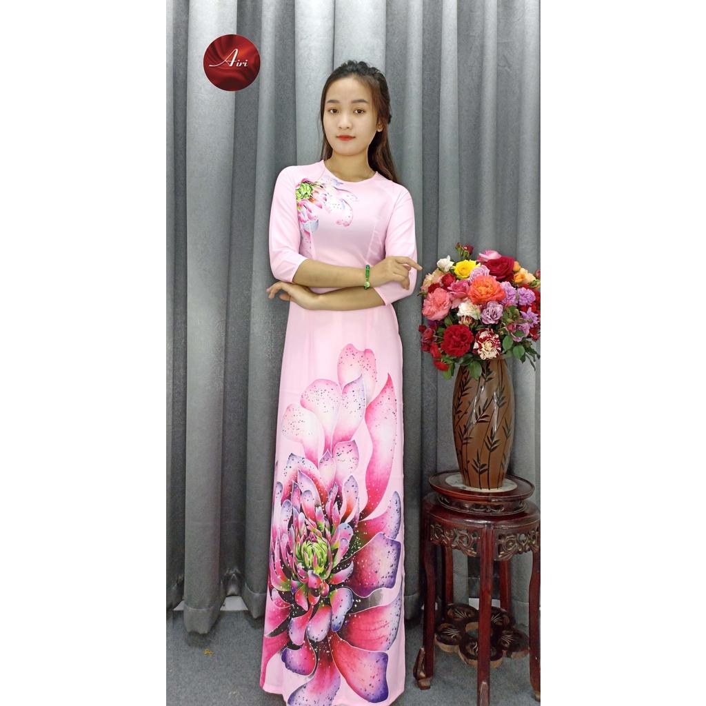 Áo dài nữ hoa lớn nền hồng lụa nhật mềm mịn - Áo dài Airi