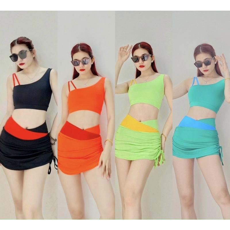 SET VÁY PHỐI MÀU CẠO CHÉO ÁO BRA LỆCH VAI TẬP NHẢY, ĐI BƠI