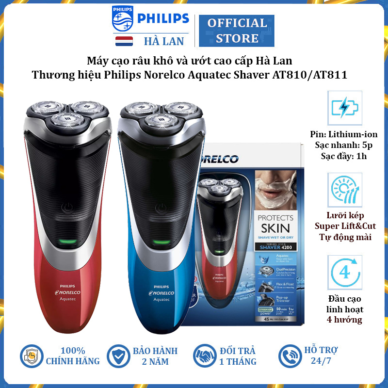 Máy cạo râu khô và ướt cao cấp Philips Norelco Aquatec Shaver AT810/41 AT811/41 hệ thống lưỡi kép Super Lift&amp;Cut - Hàng Chính Hãng